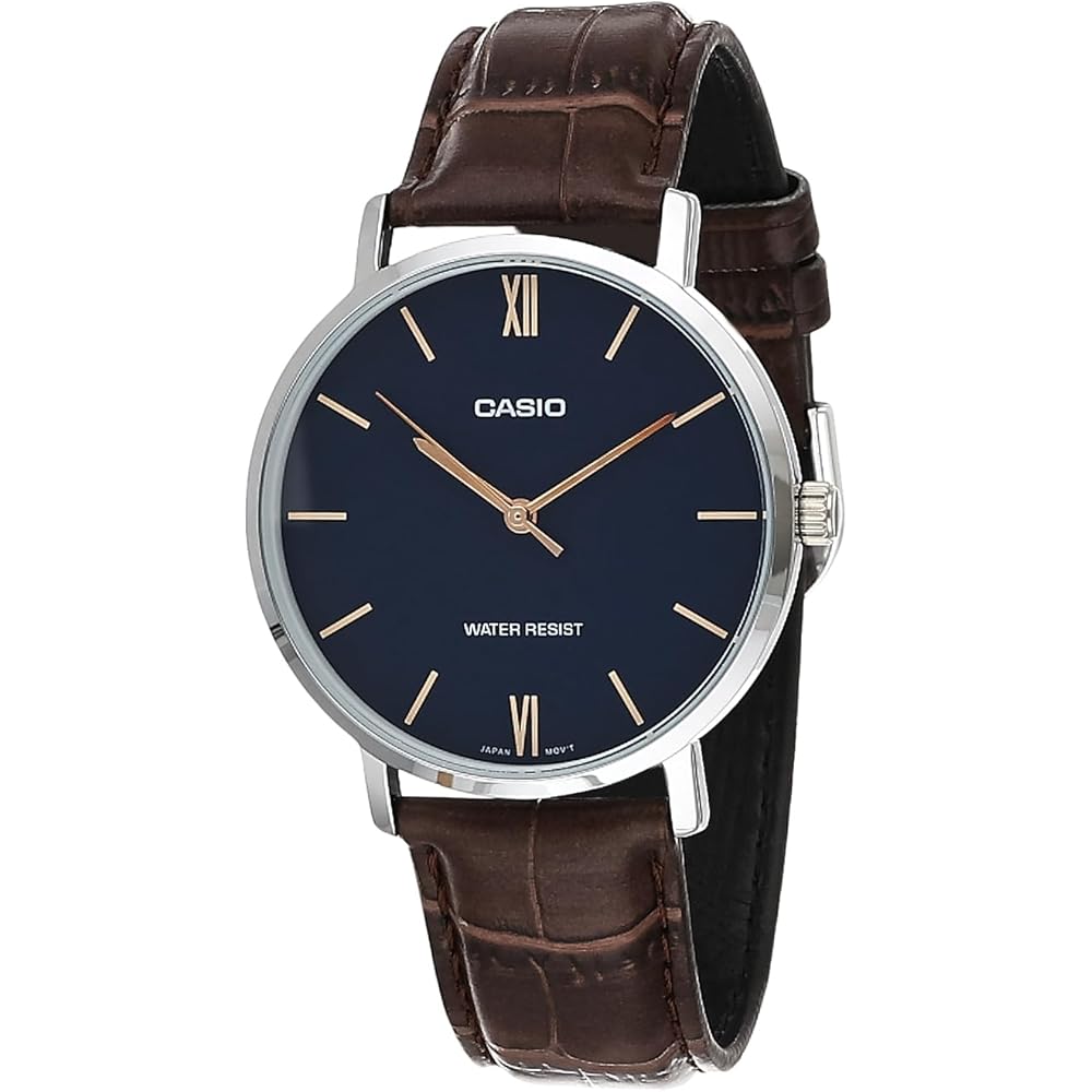 Casio MTP-VT01L-2B Men s Minimal Blue Dial Analog Watch Brown Leather Band Silver Quartz Movement
