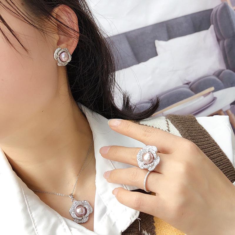 Elegant Freshwater Pearl Jewelry Set: Necklace, Pendant Earrings, and Ring