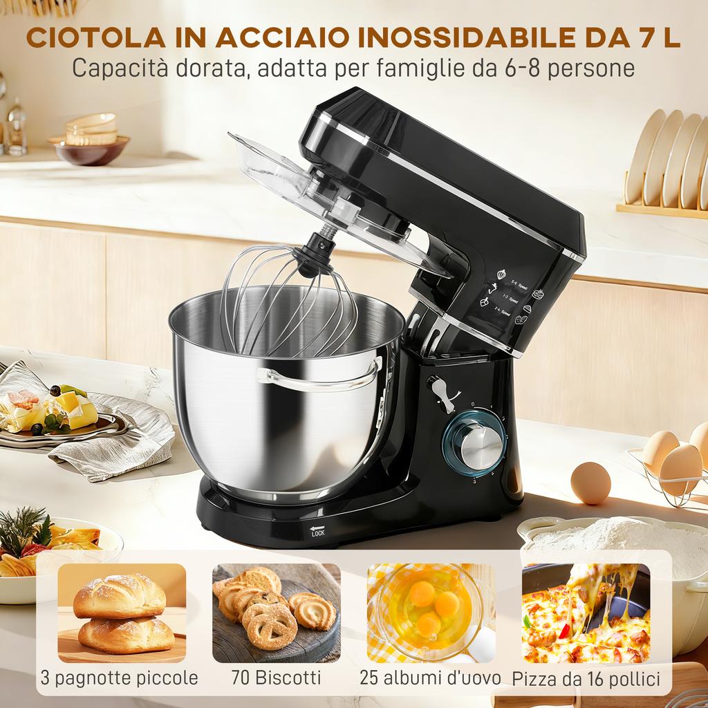 1400W Stand Mixer with 7L Bowl and 6 Speeds, Dough Hook, Whisk and Beater, Black
