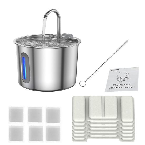 Dog Water Fountain 2.2L Stainless Steel Quiet Pet Fountain with Quadruple Filtration System Purification Fountain with Visual Water Level for