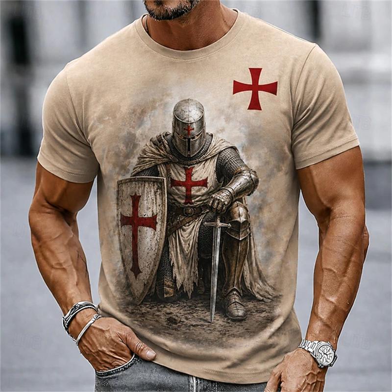 2026 Sommer Retro Herren Templer Kreuzritter T-Shirt Kurzarm T-Shirt 3D-Druck Rundhals Religiöser Stil Festliches Outfit