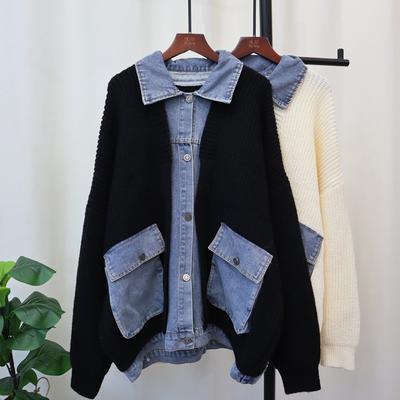 Herbst und Winter neue Fake zweiteilige Denim-Spleißstrickjacke locker lässig Lazy-Wind-Pulloverjacke Damen