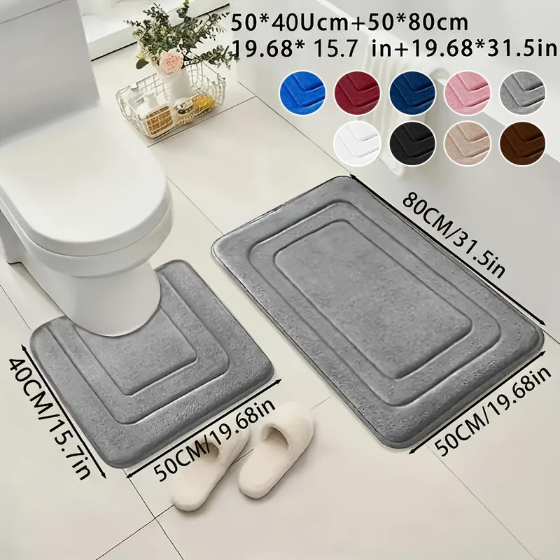 2pcs Coral Fleece Bathroom Rug Set - Comfortable Standing Mat U-Shaped Toilet Mat, Non-Slip Mat, Thickened, Quick-Drying, Comfortable Standing Mat