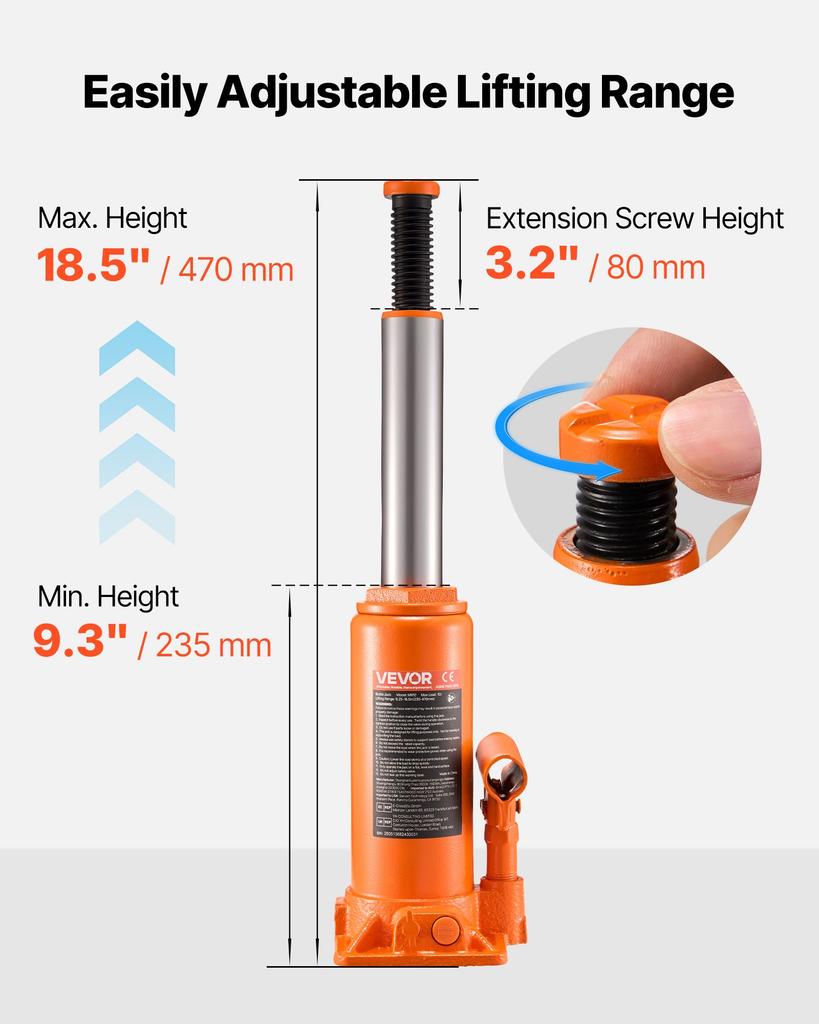 VEVOR Hydraulic Bottle Jack, 10 Ton Load Capacity, 235-470 Mm Lifting Range, Heavy Duty Hydraulic Welded Bottle Jack for Car, SUV, Pickup