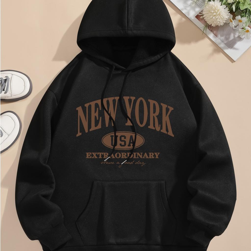 Autumn Winter New York Letter Print Women Hoodie Drawstring Long Sleeve Casual Hooded Sweatshirt Women's Clothing Men Pullovers