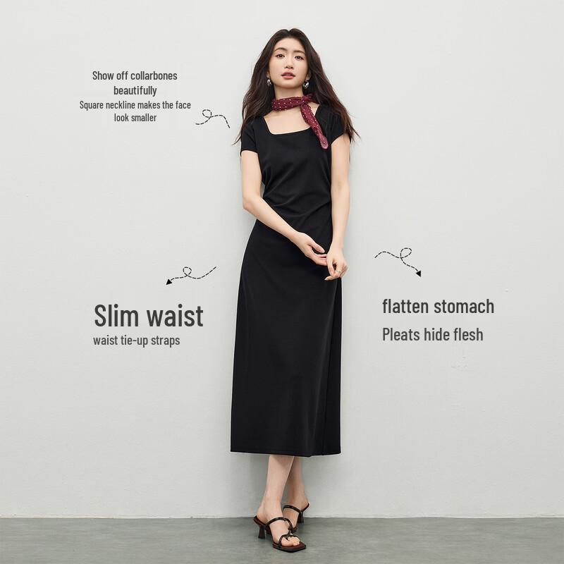 Shangdubi La Women's Elegant Black Square Neck A-line Midi Dress