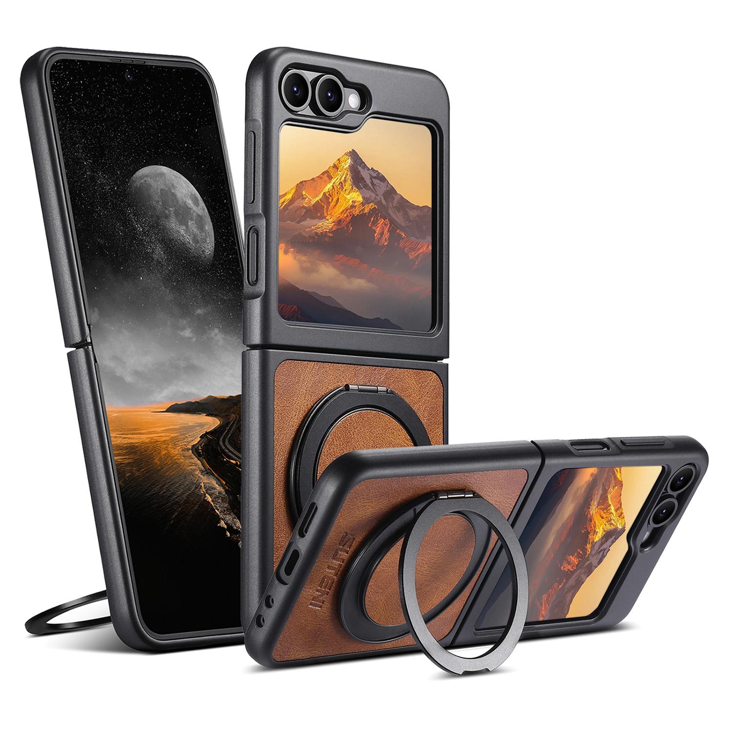 

SUTENI G3 For Samsung Galaxy Z Flip5 5G Case Compatible with MagSafe Waxy Texture Rotating Kickstand Leather Phone Back Cover Brown
