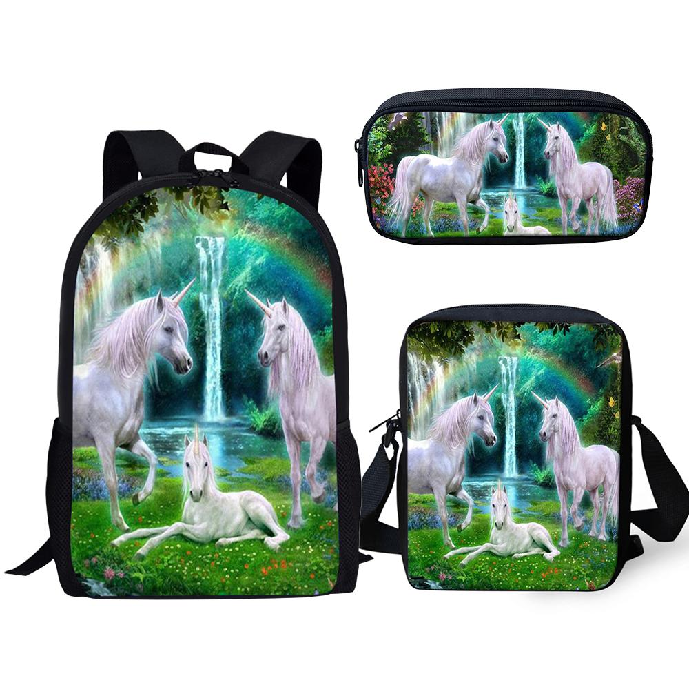Classic Novelty Unicorn Horse 3D Print 3pcs/Set Pupil School Bags Laptop Daypack Backpack Inclined Shoulder Bag Pencil Case