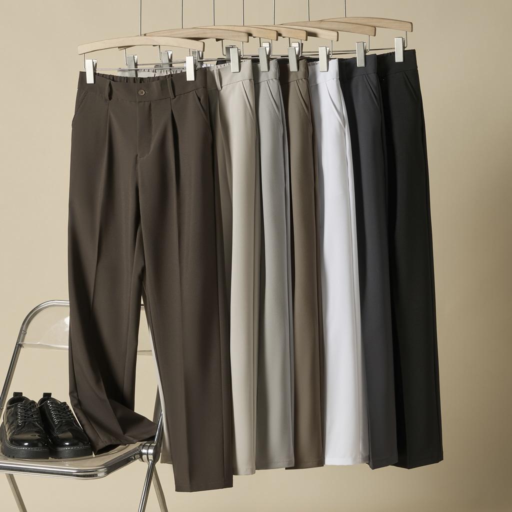 Summer non-ironing drape trousers men's loose semi-elastic versatile casual pants high-end solid color straight pants trousers
