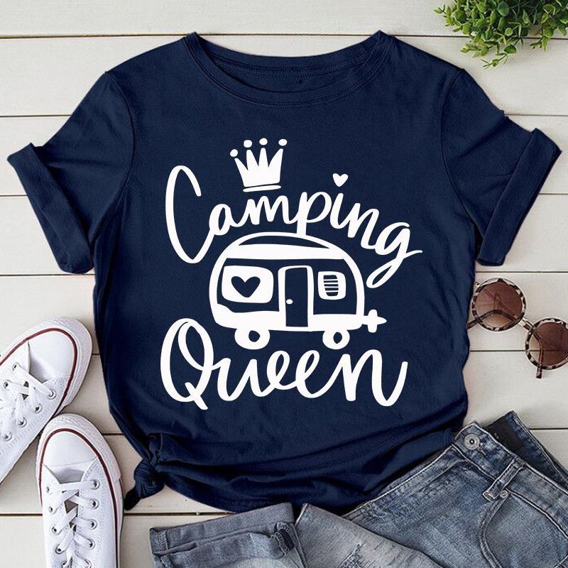 Cute Camping Queen T-shirts For Women Summer Tee Shirt Femme Casual Queen Short Sleeve Camping Round Neck Tops T-shirts