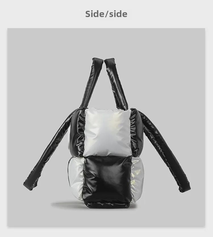 Women's Lightweight Black and White Checkered Tote – Soft, Down-Filled Shoulder Bag
