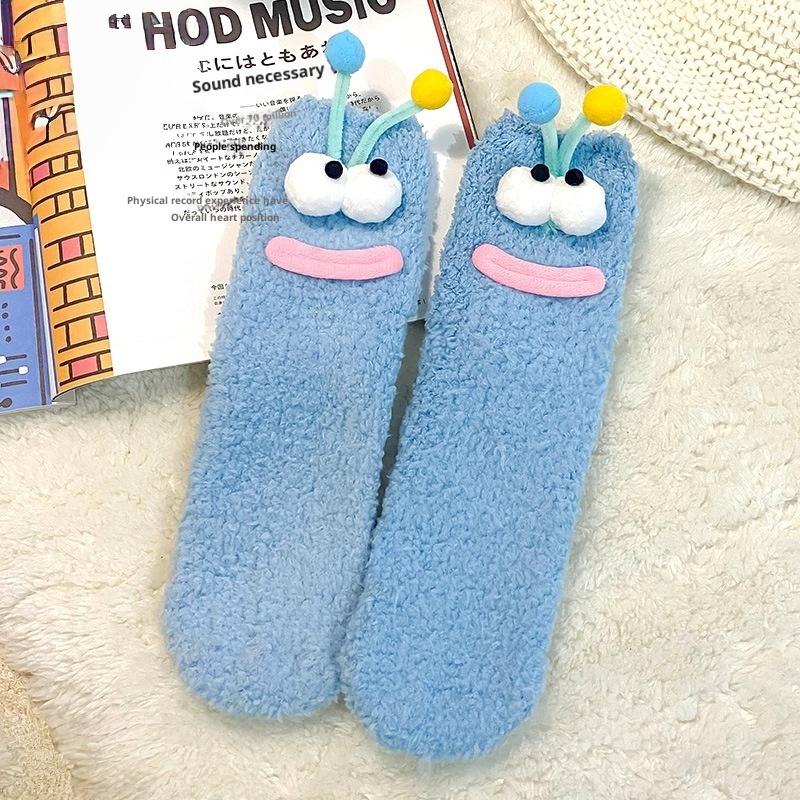1 Pair Christmas Stockings Funny Monster Socks Autumn Winter Coral Fleece Floor Fuzzy Socks Couple Sleep Sock