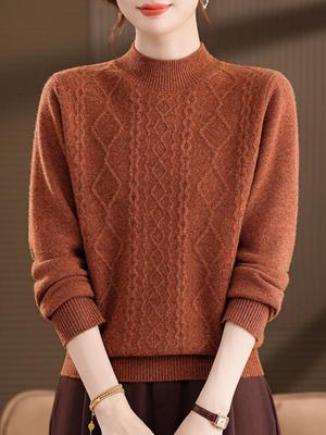Thickened 100% Wool Sweater for Middle-Aged and Elderly Women: Semi-High Neck Winter Wear.