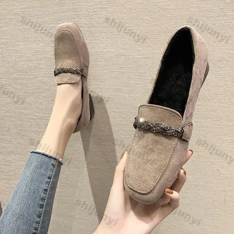 Damen Wildleder Flache Einzelne Schuhe Frühling Neue Mode Damen Quadratische Zehenpartie Weiche Sohle Loafer Vielseitig zum Hineinschlüpfen Schwarze Abriebfeste Schuhe