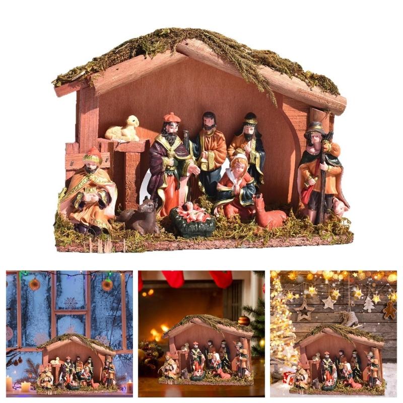 Permanent Religious Birth Manger Display With Oaken Stable And Rosin Figures