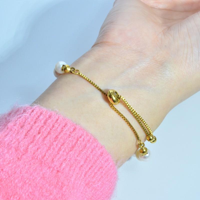 18K Gold Plated Freshwater Pearl Adjustable Pull-Through Bracelet Women Lightweight Luxury Handmade Beaded Jewelry