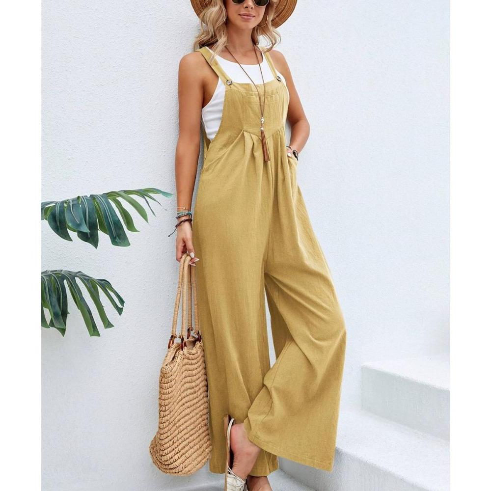 Overalls mit weitem Bein für Damen, lässig, aus Baumwolle und Leinen, lockerer Umstands-Jumpsuit für den Sommer und den Strand