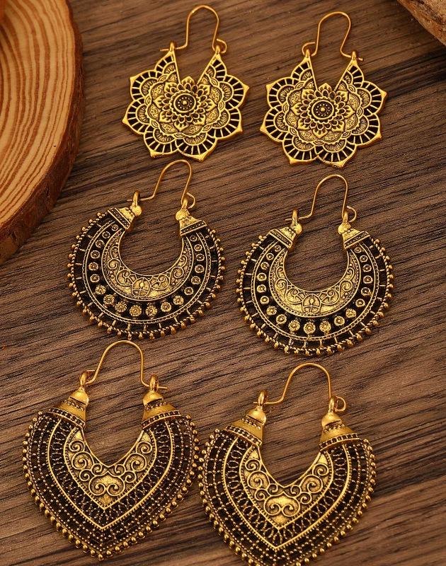 Bohemian Carved Hollow Heart & Geometric Semicircle Earrings