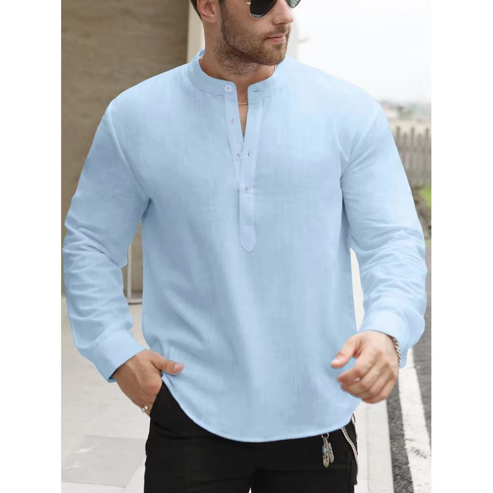 Premium White Cotton Linen Henley Shirts for Men Lightweight Long Sleeve Casual Streetwear Everyday Wear