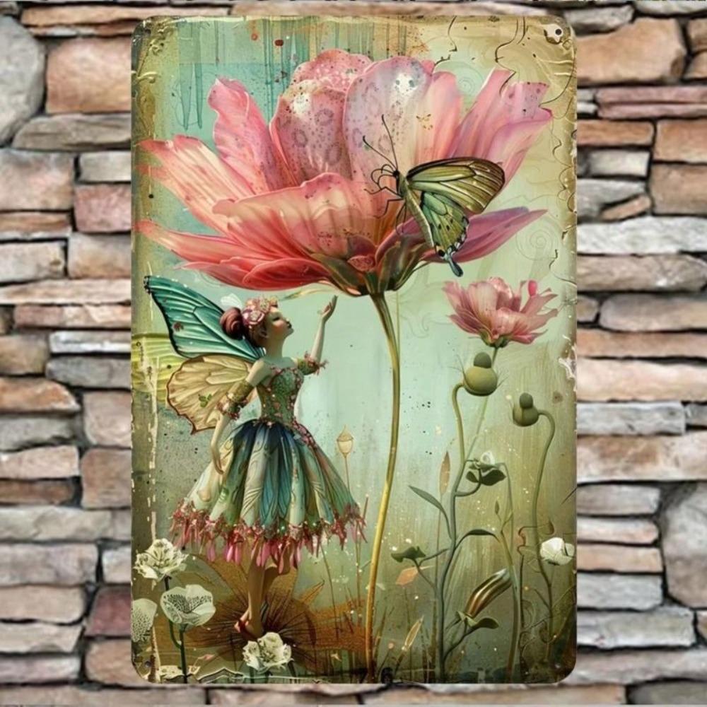 Vintage Fairy Butterfly Flower Metal Wall Art Sign
