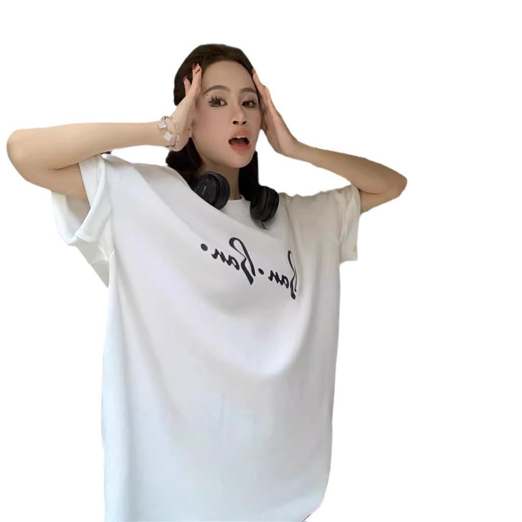 Pure cotton design lazy wind medium and long short-sleeved T-shirt women's summer 2025 new casual loose and thin top