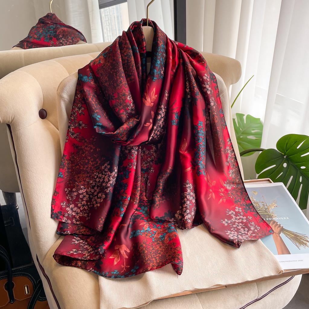 New Simulated Silk Printed Scarf for Women's Autumn and Winter Warmth Scarf Fashionable and Fashionable Foreign Style Shawl