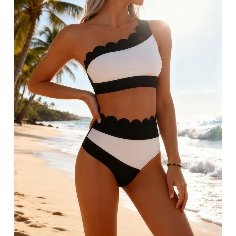 Europees en Amerikaans Nieuw Schuin Schouder Split Zwempak Kleurcombinatie Tankini Sport Strand Zwempak Dames