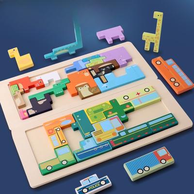 Tierisches kreatives dreidimensionales Baustein-Puzzle Tetris Kinder Holz Waldtier kognitives Puzzle Spielzeug
