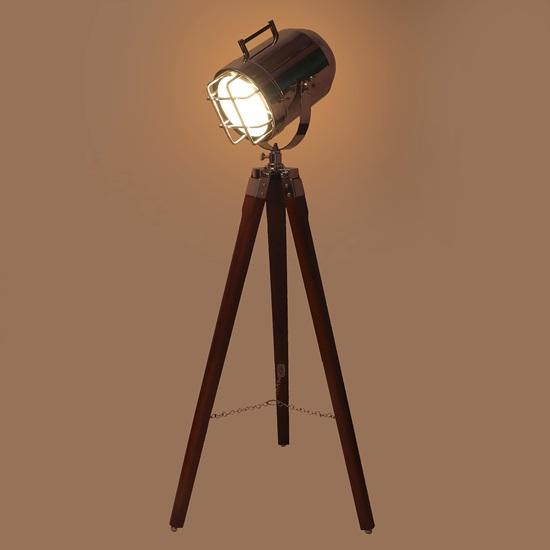 93.98 cm Wooden Tripod Nickel Spotlight Lamp Industrial Nautical Searchlight for Home, Office, Livingroom, Bedroom, Diningroom Decor