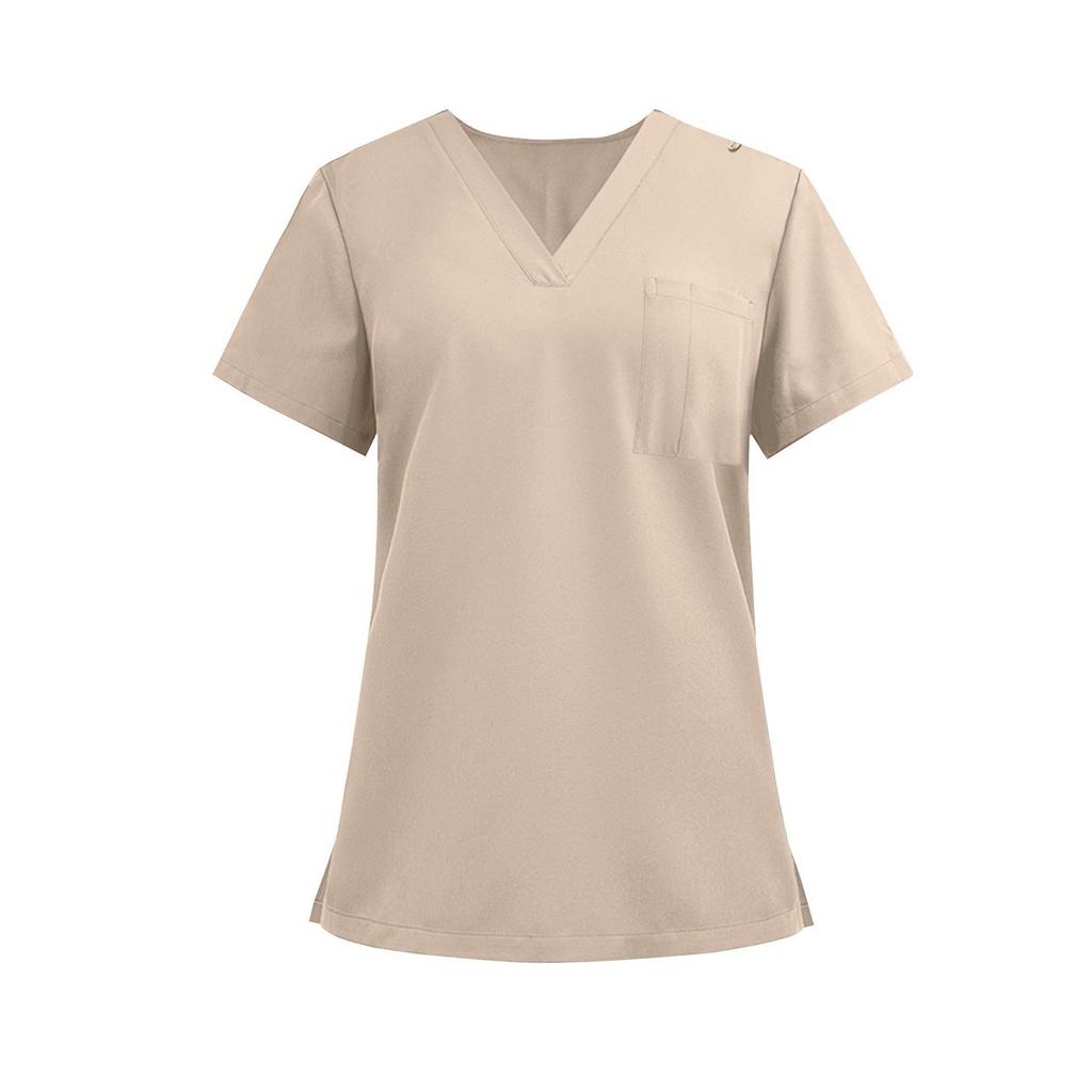 Ladies' Lightweight Solid Color V-neck Pocket Side Slit Short Sleeved Shirt