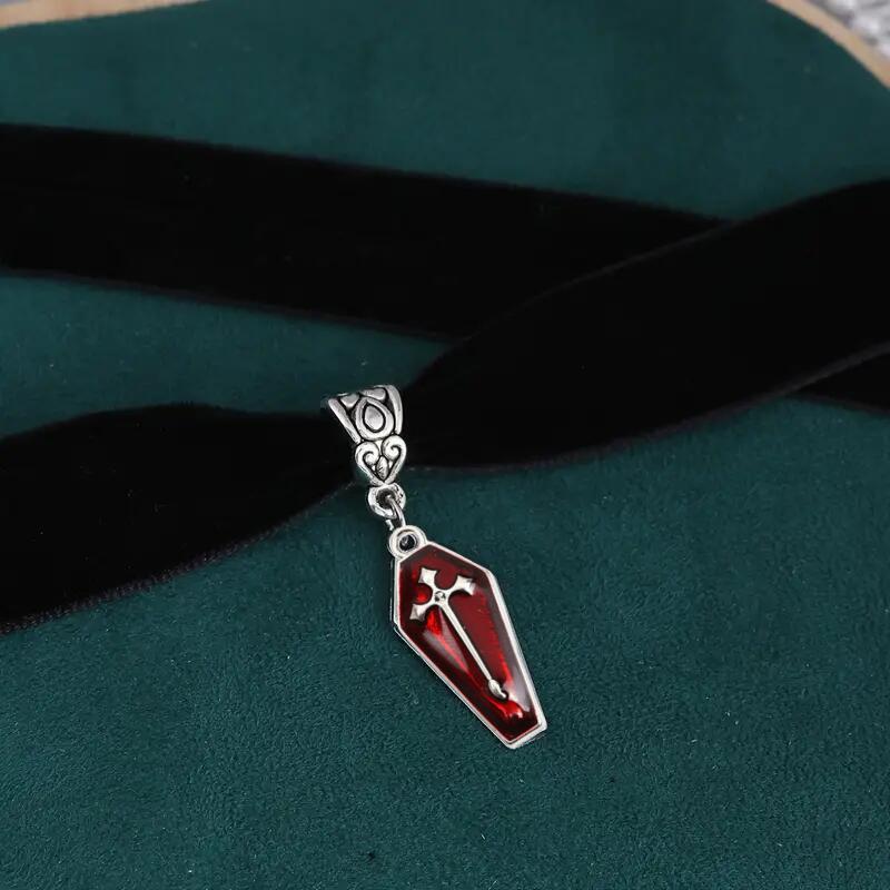 Gothic Style Vintage Velvet Coffin Cross Pendant With Cherry Elements For Halloween Decor