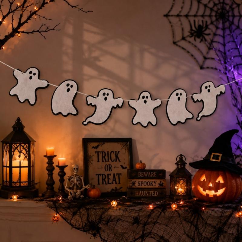 Halloween Character String Decoration 6 Varied Fabric Specter Ornament with Hanging Cord for Doorways, Classrooms, Offices,