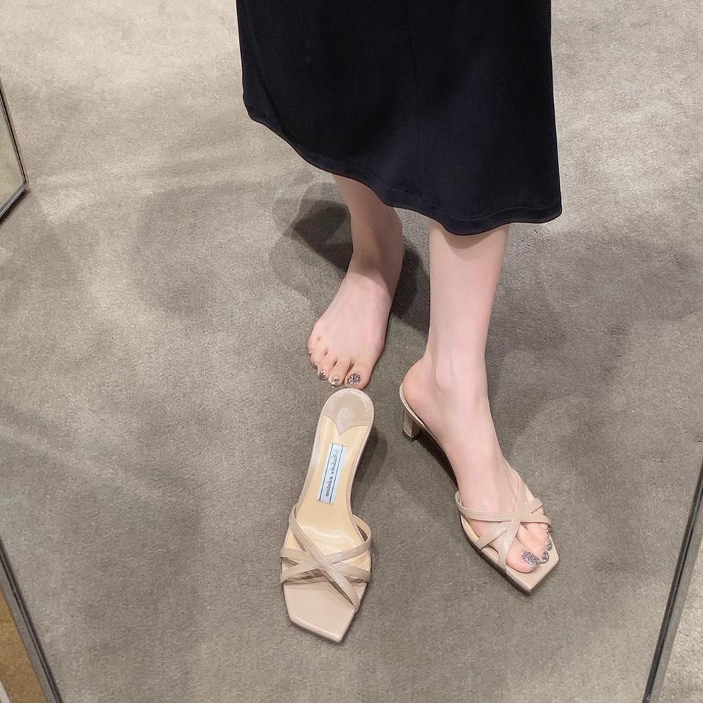 Sheepskin version~ Beautiful temperament square head cross with mirror open-toed high-heeled sandals women's half slippers