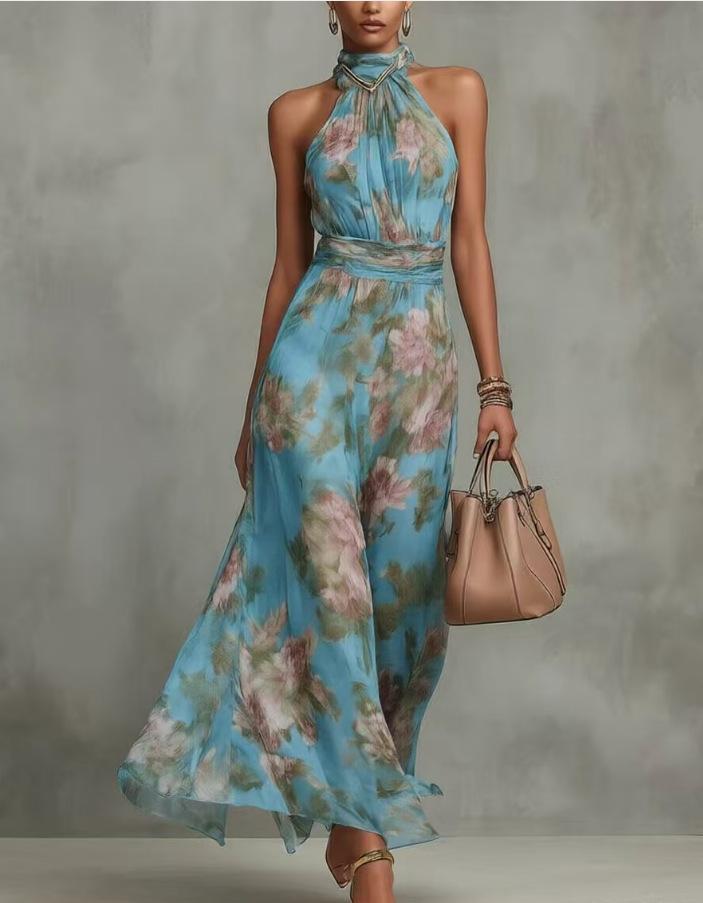 European Style Women Clothing Pleated Off-shoulder Print Sexy Spaghetti Strap Maxi Dress