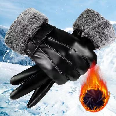 1 Pair Men Faux Leather Gloves Waterproof Windproof Touchscreen Fleece-Lined Outdoor Cycling Gloves Winter Cold Weather Warm Thick Thermal Gloves