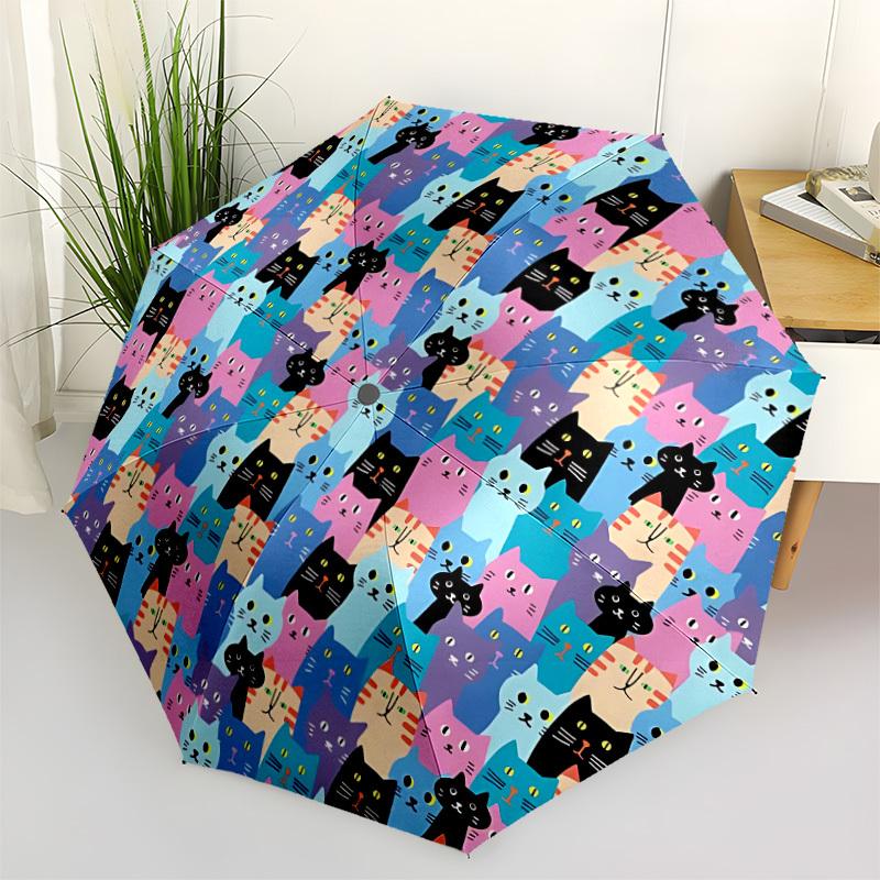 1pc Colorful Cats Pattern Automatic Open/Close Umbrella, Umbrella with cartoon Design, Portable Compact Umbrella for Men & Women, Good Holid