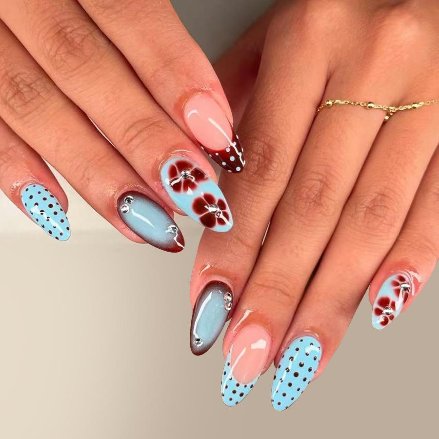 24pcs French Round Head Fake Nail with Almond Design Wearable Polka Dot Rainbow False Nails Press on Detachable Finger Nail Set