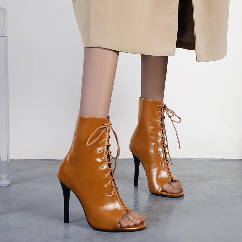 Fashion Women Fashion Summer Boots Open Toe high heels Sandals Gladiator Lace-Up Casual 10CM Stiletto heel Party Ankle boots 32-43 Black