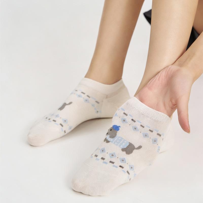 Boat-style Women's Summer Short-sleeved Cartoon Dog Invisible Socks, Women's Anti-slip Non-slip Off-the-heel White Boneless Open-toe Socks