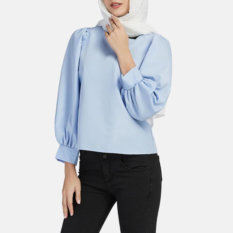 Women's Korean Fashion Lantern Sleeve Square Collar Shirt - Solid Color, Loose Fit