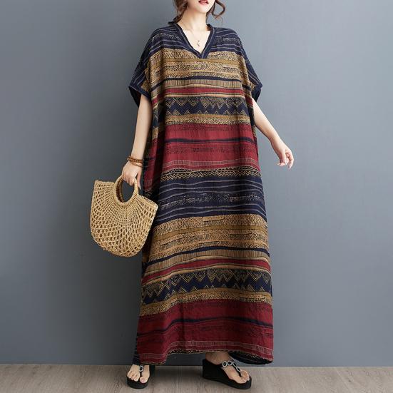 Plus Size Cotton Linen Maxi Dress for Women Loose V-Neck Short Sleeve