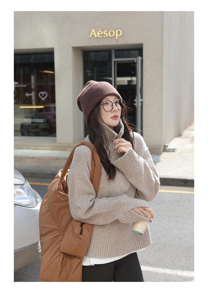 Women's Korean Style Half-Zip Stand Collar Pullover Sweater - Soft, Loose Fit for Autumn/Winter
