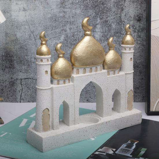 Ramadan Resin Art Statue Islamic Mosque Cultural Ornament Handcrafted Mosque Models Tower Decoration for Eid Home Office Ramadan Mubarak Gift