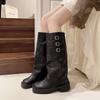 Botas de cavaleiro de sola grossa, bico redondo retrô, novas para primavera e outono de 2025, perna longa, botas de empilhar, botas de perna alta, botas longas