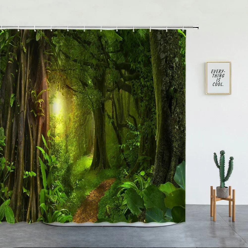 Forest Waterfall Landscape Shower Curtains Tropical Rainforest Green Bamboo Mountain Printed Fabric Luxury Bathroom Decor Hooks