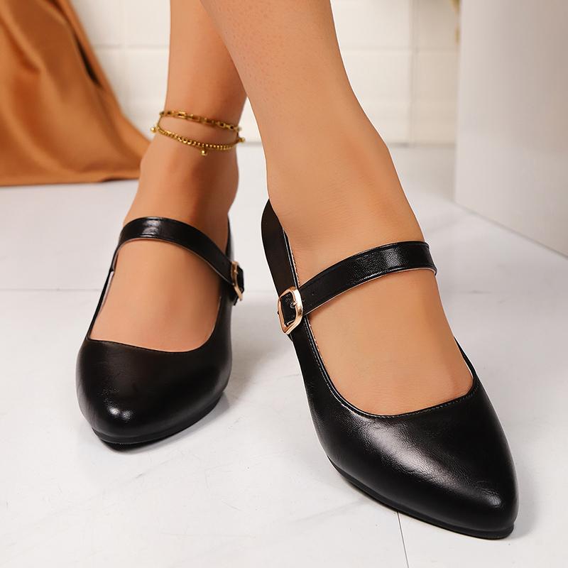 Fashion Women's Black White Mary Jane Pumps Buckle Strap Thick Med Heels Dress Shoes Woman Pu Leather Comfort Office Work Shoes Big Size