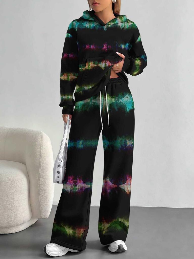 Patchwork Tie-dye European and American Casual Long-sleeve Set, Women's Hoodie Sweatshirt and Pants Two-piece Set