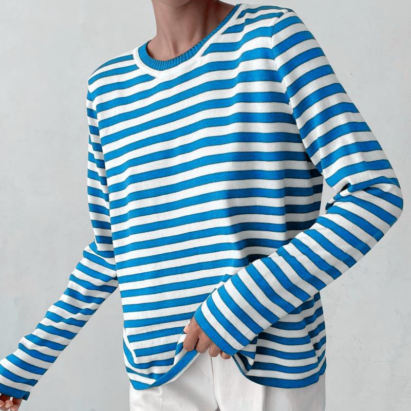 Round Neck Knit Striped Jumper Spring Summer Hundred Classic Retro Striped Pullover Jumper Women Blend Comfortable Undercoat Long Sleeves Sweater
