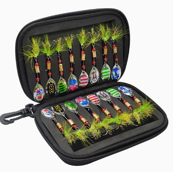 Rotating Spinner Lure Set, 16Pcs 3.5g Metal Spoon Baits with Tackle Box for Trout and Bass