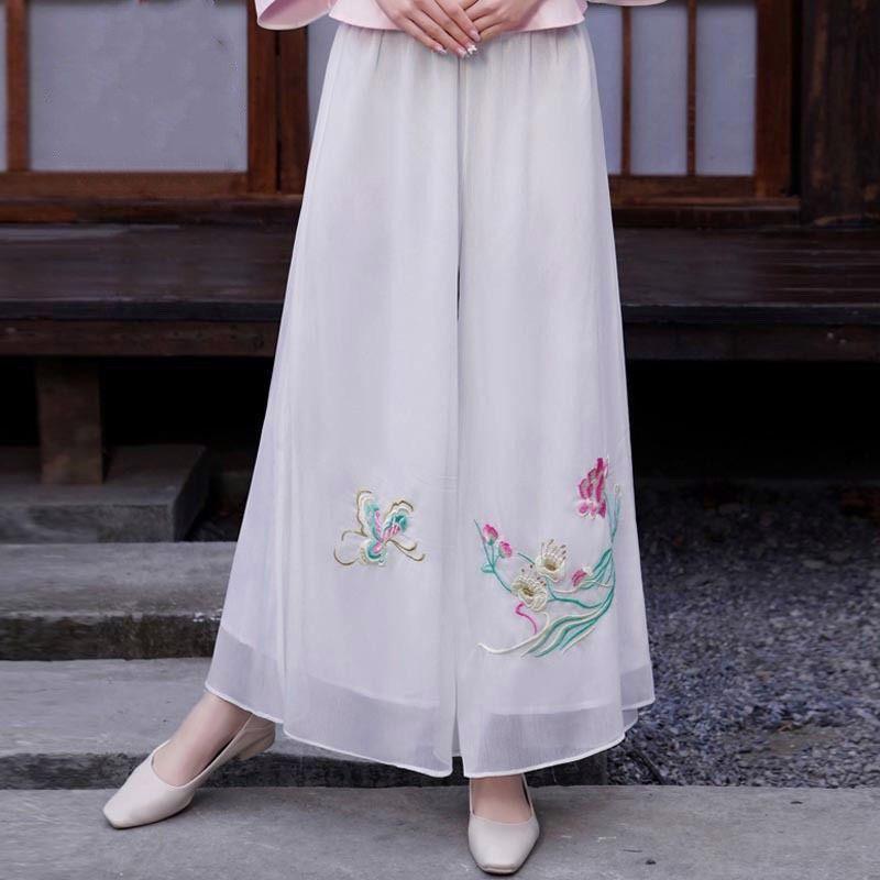 Women's Summer Boho-Chic Vintage Double-Layer Chiffon Embroidered Wide-Leg Pants: High-Waisted, Elegant, Lightweight Tang-Style Skirt-Pants